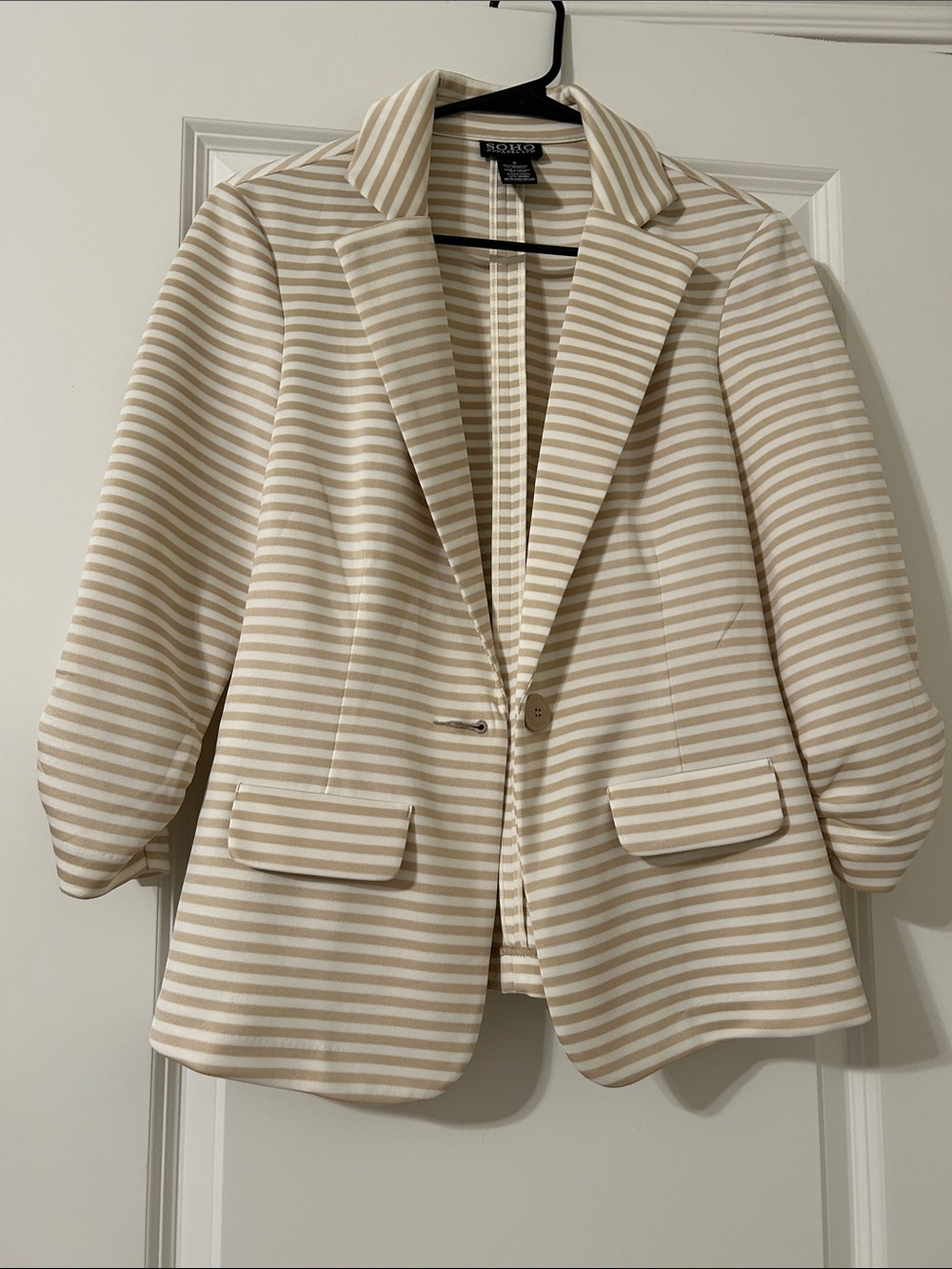 Beige & White Striped Single-Button Blazer 3/4 sleeve